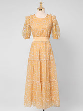 Load image into Gallery viewer, Yellow Daisy Puff Sleeve 1950S Vintage Maxi Dress