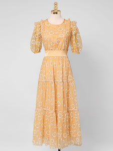 Yellow Daisy Puff Sleeve 1950S Vintage Maxi Dress