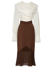 Load image into Gallery viewer, 2PS White Lace Ruffles V Neck Top And Brown Fishtail Skirt Dress Suit