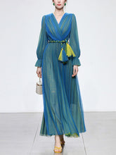 Load image into Gallery viewer, Blue V Neck Lantern Sleeve Pleated Fairy Dress