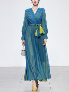 Blue V Neck Lantern Sleeve Pleated Fairy Dress
