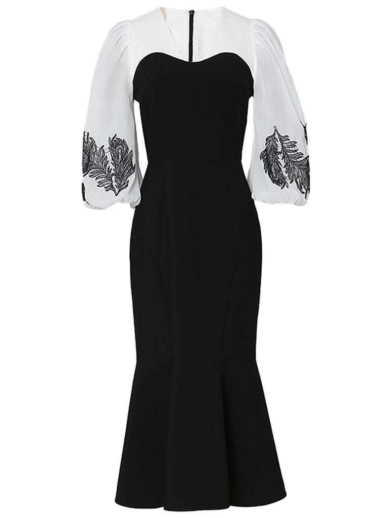 Black 1960S V Neck Vintage Puff Sleeve Bodycon Dress