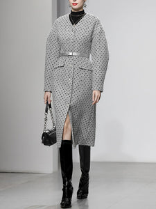 Light Grey V Neck Polka Dot Woolen Coat