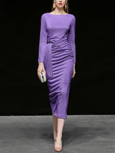 Load image into Gallery viewer, Electric Violet Crew Collar Long Sleeve Sequins Pleated Knitted Sweater Dress
