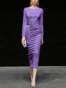 Electric Violet Crew Collar Long Sleeve Sequins Pleated Knitted Sweater Dress