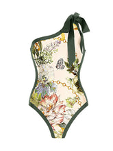 Load image into Gallery viewer, Green Retro Butterfly Print One Piece With Bathing Suit Wrap Skirt
