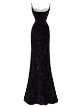 Load image into Gallery viewer, Black Spaghetti Strap Sequined Mesh Slit  Sexy Gown Party Dress With Gloves