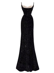 Black Spaghetti Strap Sequined Mesh Slit  Sexy Gown Party Dress With Gloves