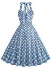 Load image into Gallery viewer, Green And White Polka Dots Pockets Vintage Halter 1950S Dress With Button