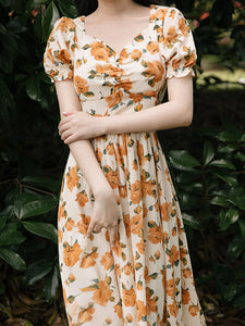 Orange Rose Sweet Heart Collar Puff Sleeve 1950S Vintage Dress