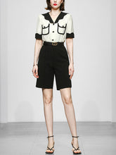 Load image into Gallery viewer, 2PS White Wavy Petal Lapel Straight Short-sleeved Shirt Five-point Shorts Suit