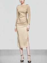 Load image into Gallery viewer, Apricot Long Sleeve Stain Vintage Split 1940S Dress