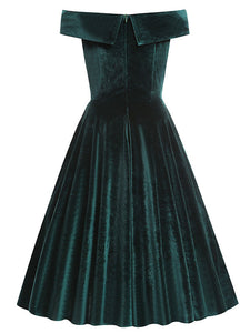 Christmas Green Off Shoulder Velvet 1950S Vintage Swing Dress