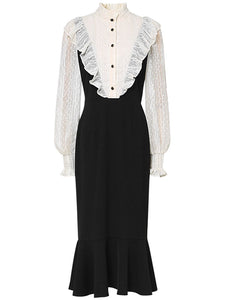 White Lace Shirt Fake Two-Piece Fishtail Dress