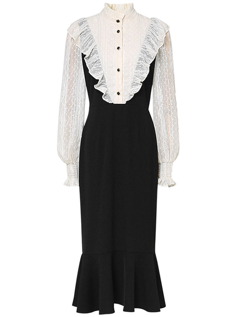 White Lace Shirt Fake Two-Piece Fishtail Dress