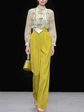 Load image into Gallery viewer, 2PS Yellow Ruffles Collar Floral Print Shirt And Pant Suit