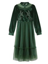 Load image into Gallery viewer, Emeral Green Semi Sheer Long Sleeve 1950S Velvet Vintage Dress