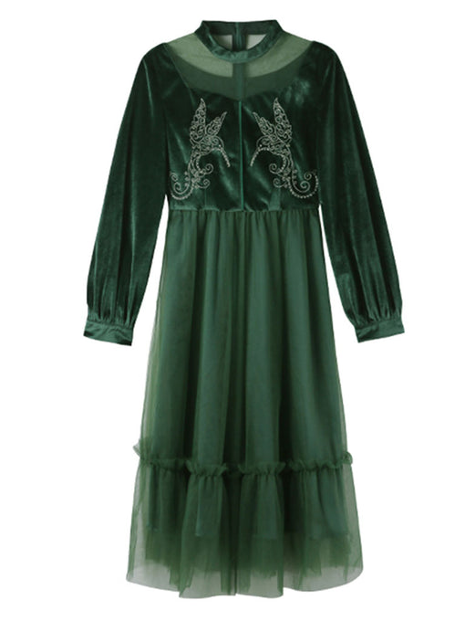 Emeral Green Semi Sheer Long Sleeve 1950S Velvet Vintage Dress