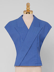 2PS Blue Vertical Striped Lapel Sleeveless Slim Top High Waist Asymmetric Short Skirt Set
