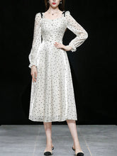 Load image into Gallery viewer, White And Black Polka Dots Square Collar Long Sleeve Party 1950S Dress