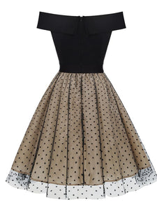 Black Off Shoulder Polka Dots 1950S Vintage Swing Dress