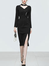 Load image into Gallery viewer, Black V Neck Long Sleeve Sexy Split 1940S Dress
