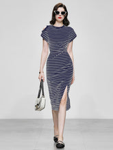 Load image into Gallery viewer, Striped Crew Neck Slit Casual Sexy Bodycon Dress