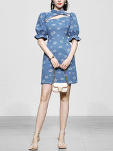 Load image into Gallery viewer, Retro Cheongsam Stand Collar Hollow Puff Sleeves Denim Printed Mini Dress