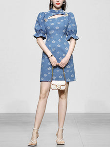 Retro Cheongsam Stand Collar Hollow Puff Sleeves Denim Printed Mini Dress