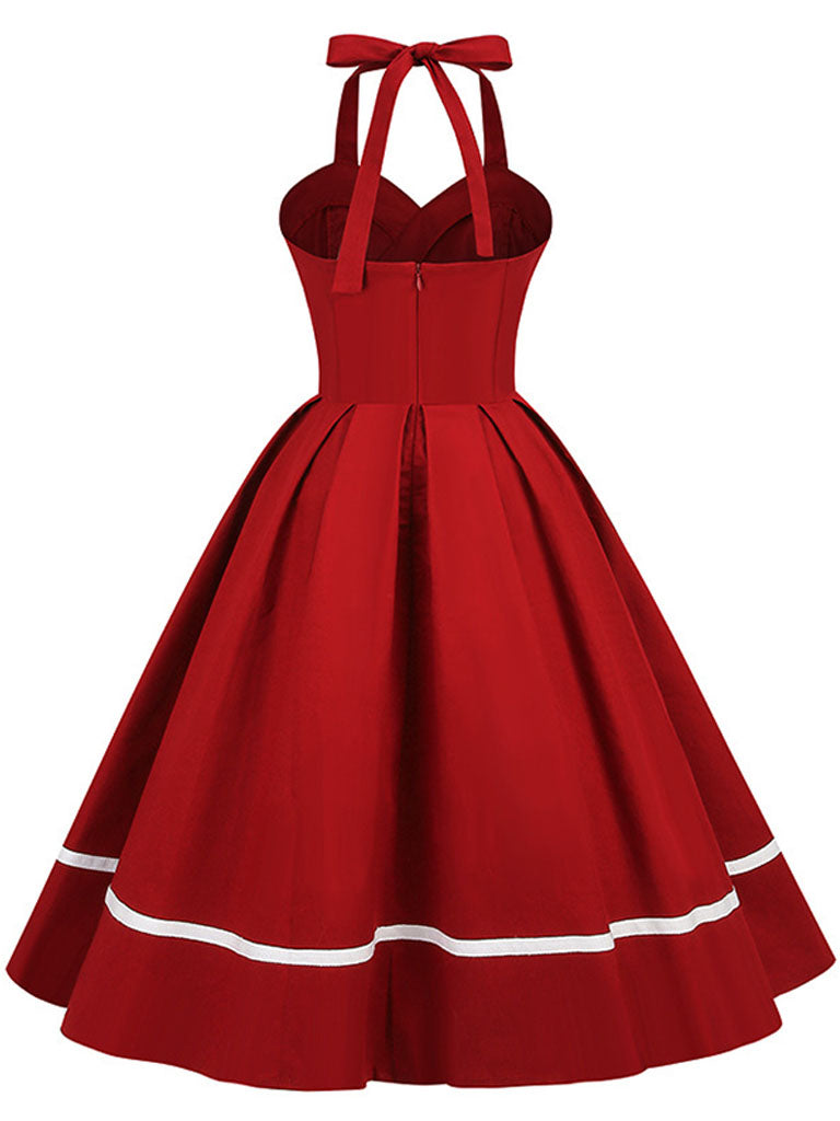 Solid Color Halter Backless 1950S Vintage Swing Dress, Wine Red / XL Solid Color Halter Backless 1950S Vintage Swing Dress, Wine Red / XL