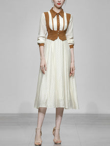 1950S Apricot Polka Dots Fake Two Piece With Khaki Vest Vintage Dress