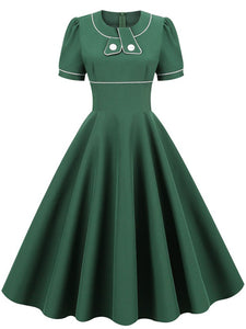 Dark Green Bowknot Collar 1950S Vintage Swing Dress