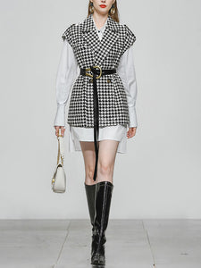 2PS Houndstooth Pattern Vest And White Low High Shirt Coat Suit
