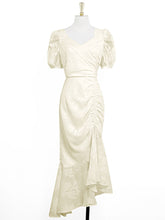 Load image into Gallery viewer, Light Yellow Chiffon Waist Long Skirt Puff Sleeve Fishtail Dress