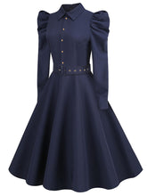 Load image into Gallery viewer, Navy Turn Down Collar Puff Long Sleeve 1950S Vintage Swing Dress