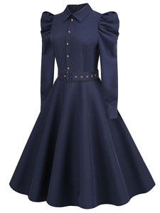 Navy Turn Down Collar Puff Long Sleeve 1950S Vintage Swing Dress