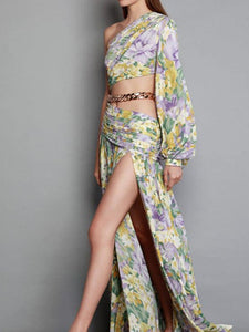 Floarl Print One Shoulder Hollow High Slit Maxi Dress