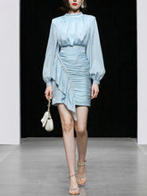 Load image into Gallery viewer, Blue Lantern Long Sleeve Crinkled Bodycon Satin Party Dress