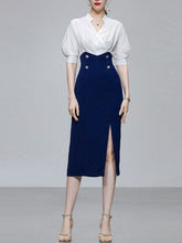 Load image into Gallery viewer, White And Navy Lantern Sleeve Slit Dress Vintage 1940S Dress