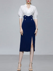 White And Navy Lantern Sleeve Slit Dress Vintage 1940S Dress