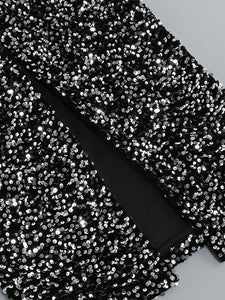 Black Sweet Feather Hem Sequin Long Sleeve Bodycon Sexy Gown Party Dress