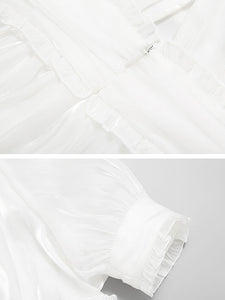 White Ruffles Puff Sleeve Organza Vintage Dress