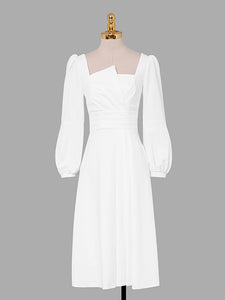 White Square Collar Long Sleeve Party Dress