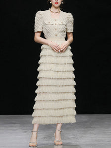 2PS Apricot Puff Sleeve Top And Ruffles Chiffon Cake Dress Set