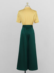 2PS Yellow Elegant V-neck Short Sleeve Shirt With High-waisted Wide Pants Suit