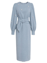 Load image into Gallery viewer, Baby Blue Pearl Inlaid Diamante Flower Long Sleeve Corduroy 1940S Dress