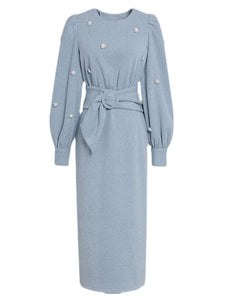 Baby Blue Pearl Inlaid Diamante Flower Long Sleeve Corduroy 1940S Dress