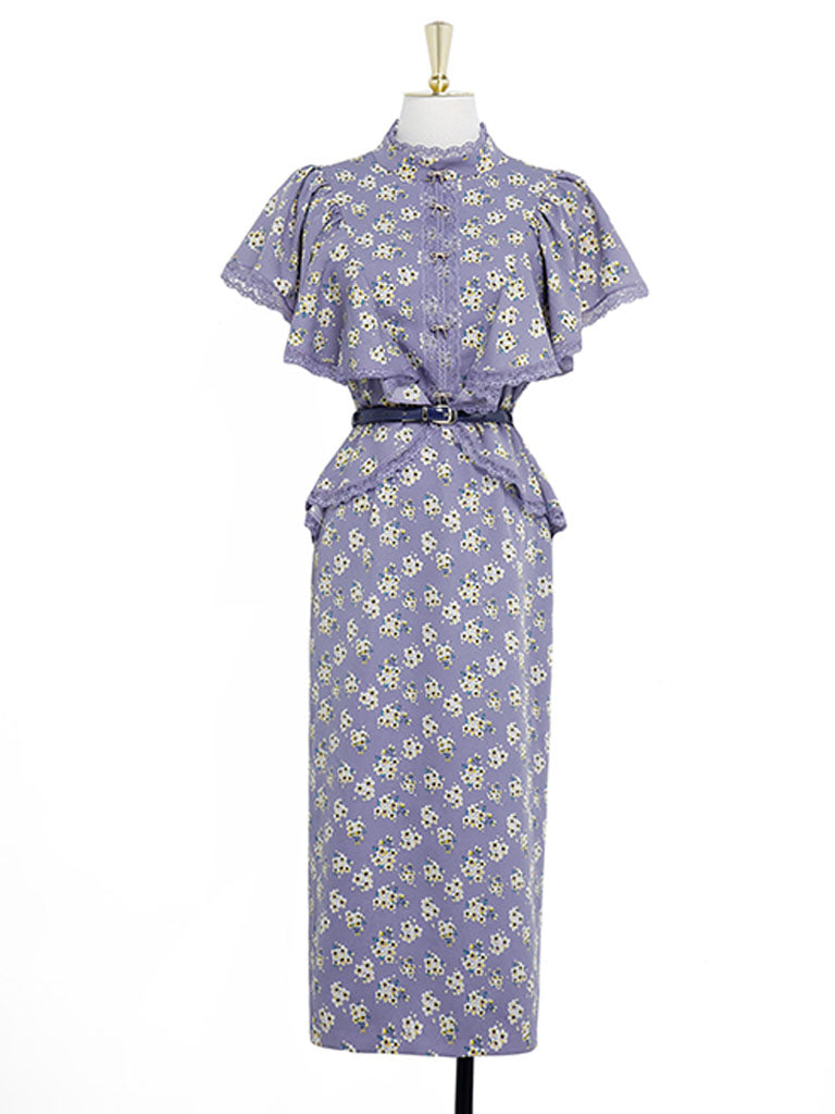 Jolly Vintage Lavender Lace Collar Ruffles Sleeve Floral Print 1930s Vintage Dress with Belt, Lavender / S