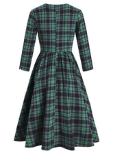 Load image into Gallery viewer, Green Plaid 3/4 Sleeve V Neck 1950S Vintage Dress