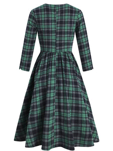 Green Plaid 3/4 Sleeve V Neck 1950S Vintage Dress